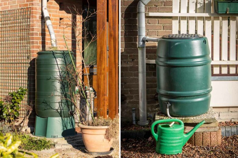 Deux citernes pour récupérer l'eau de pluie et la réutiliser dans le jardin.