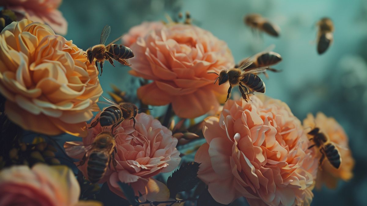 Closeup of bees buzzing around a beautiful bouquet of fresh flowers