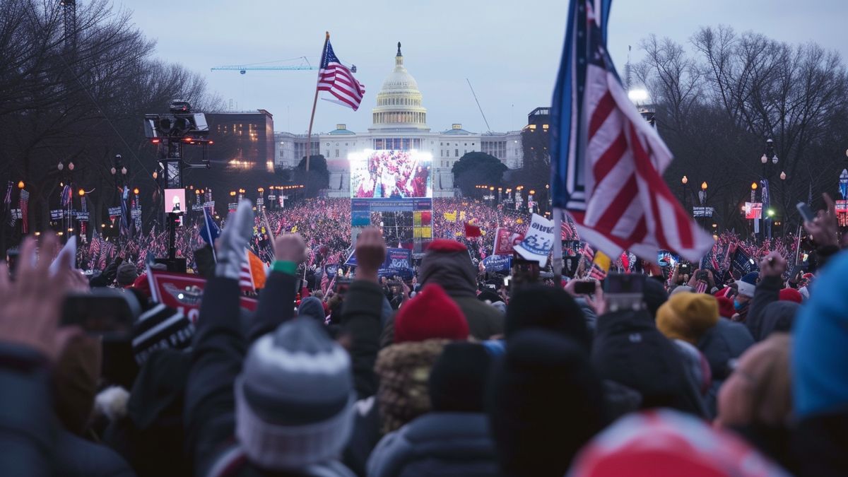 Crowd cheering and waving flags during the president's inauguration ceremony