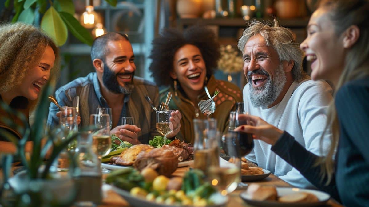 A group of French and Swedish citizens dining together and sharing laughter.