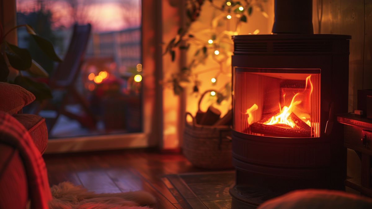 Steel insert glowing red hot, radiating warmth in a cozy living room.