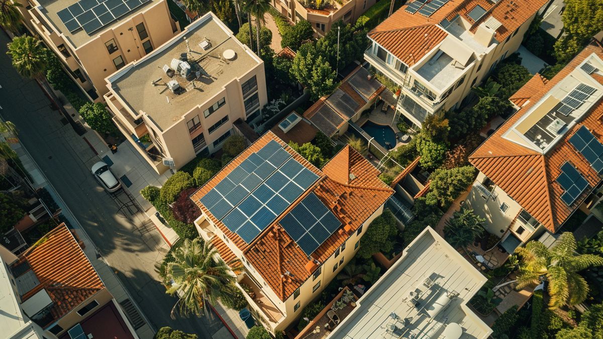 Solar panels on a rooftop of a residential building in California.